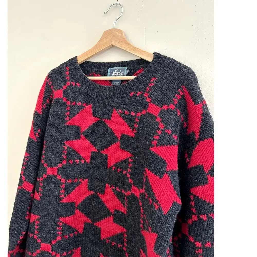 Vintage 90s Woolrich Red Black Abstract 100% Wool Pullover Sweater Men's Medium